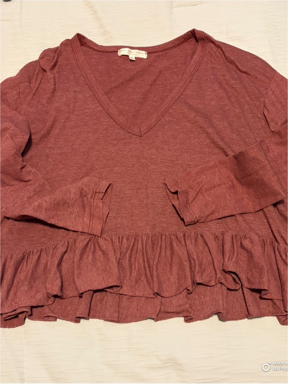 Truly Madly Deeply-  V-Neck Ruffle Hem Top- Maroon